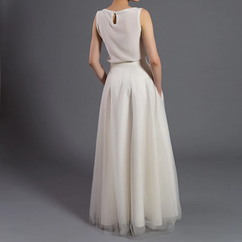 2021 Elegant Long Soft Tulle Skirts With Pockets High Quality Floor Length Tutu Skirt Zipper Style Women Wedding Party Skirt