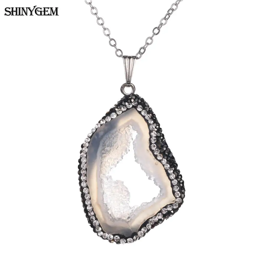 

ShinyGem 30-45mm Brazil Druzy Stone Necklace Micro Pave Cubic Zircon Irregular White Mineral Crystal Pendant Necklaces For Women