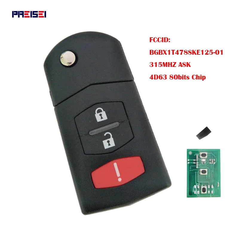 

PREISEI 3 Button 315MHZ 4D63 80Bit Chip Folding Flip Remote Car Key For Mazda 3 6 MX-5 Miata FCC ID: BGBX1T478SKE125-01