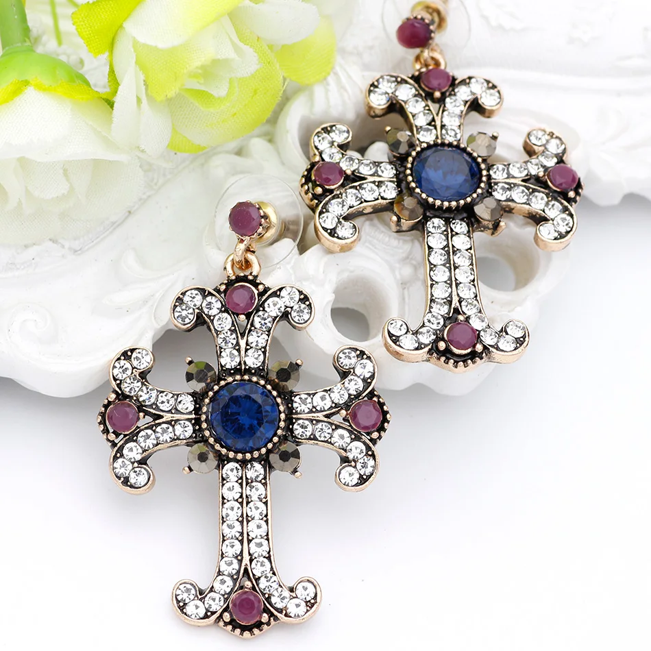 Holy Gorgeous Vintage Cross Dangle Earring Antique Gold Color Women Resin Jewelry For Religious Activities Indian Drop Earrings