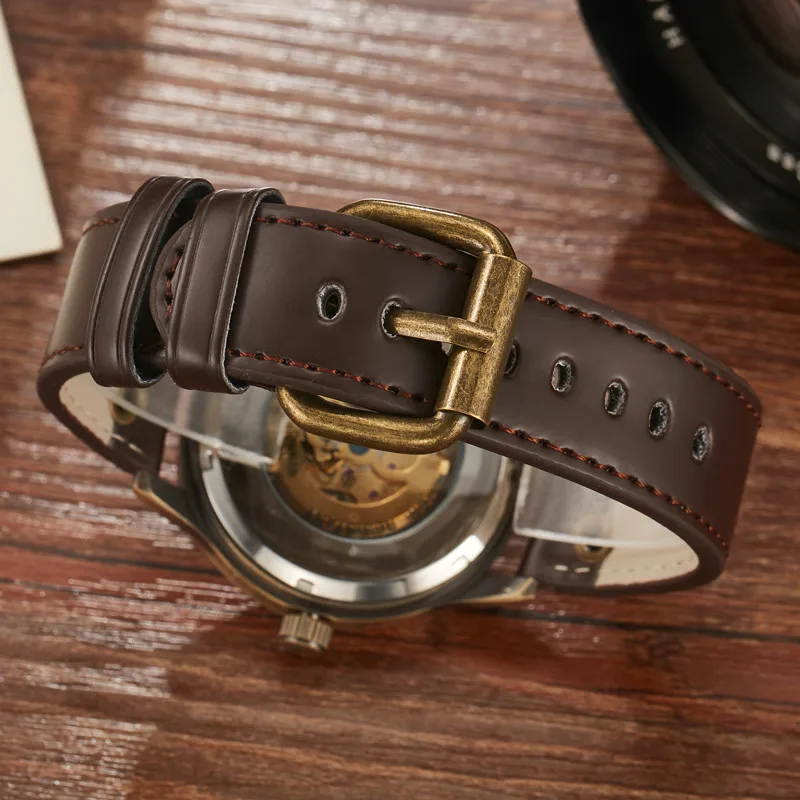 SHENHUA Retro Bronze Automatic Mechanical Watch Mens Skeleton Luminous Real Leather Men Sport Speed Mechanical Wristwatches