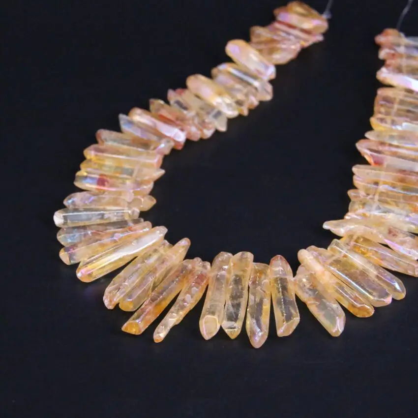 

15.5"strand Polished Yellow Titanium Crystal Quartz Top Drilled Point Beads,Raw Crystal Stick Graduated Pendants Jewelry Making