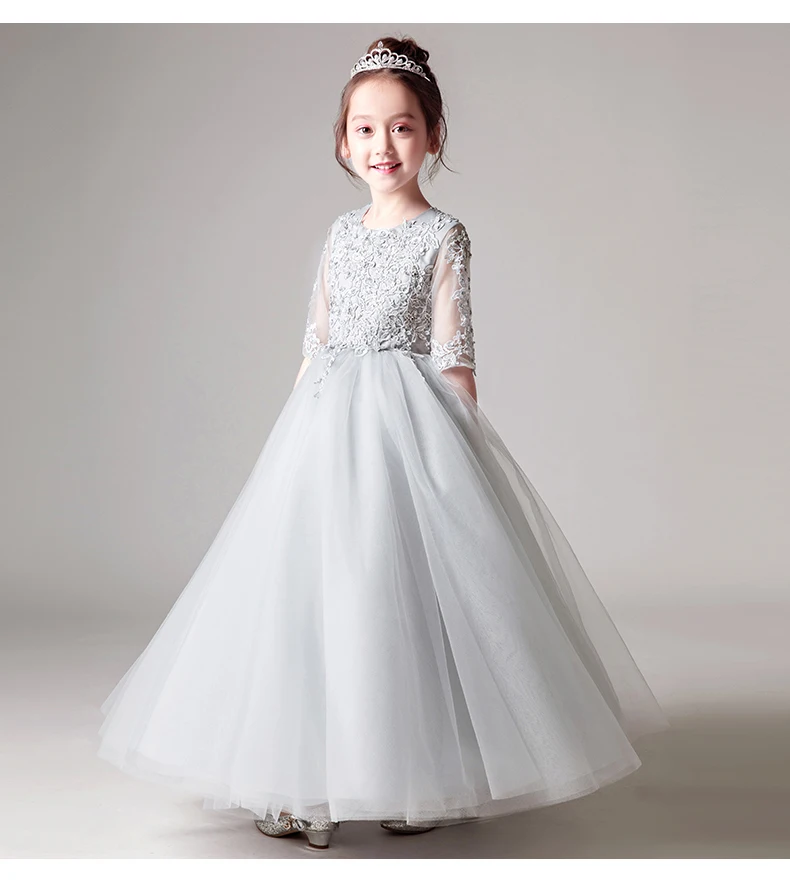 Elegant Gray Tulle Flower Girl Dress For Weddings Baby Baptism Gown Party Pageant Princess Sequin Long Kid First Communion Dress