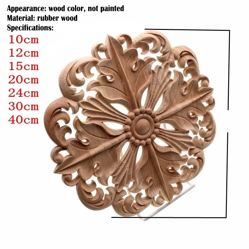 RUNBAZEF Woodcarving Furniture Decoration European Style Solid Wood Round Applique Heart Decorative Flower Figurines Miniatures