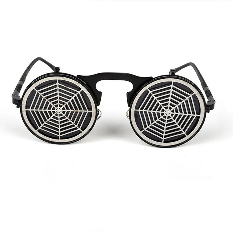 Occhiali da sole Steampunk montatura nera rotonda lenti grigie Spider Web Design occhiali da donna occhiali da uomo