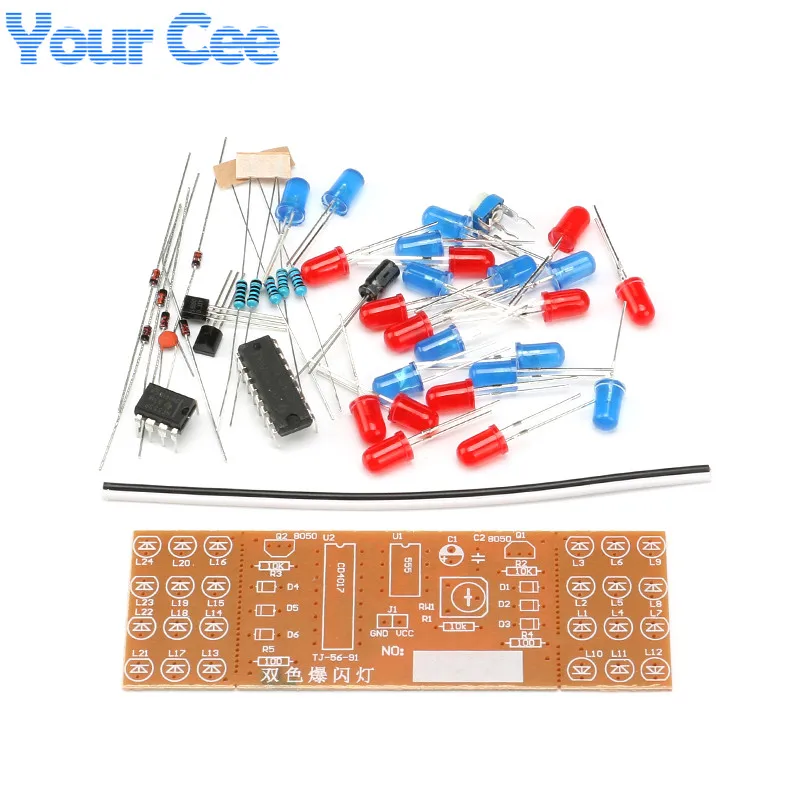 NE555 + CD4017 Red Blue Double Color Flashing Lights Kit Strobe Practice Learning DIY Electronic Suite Design