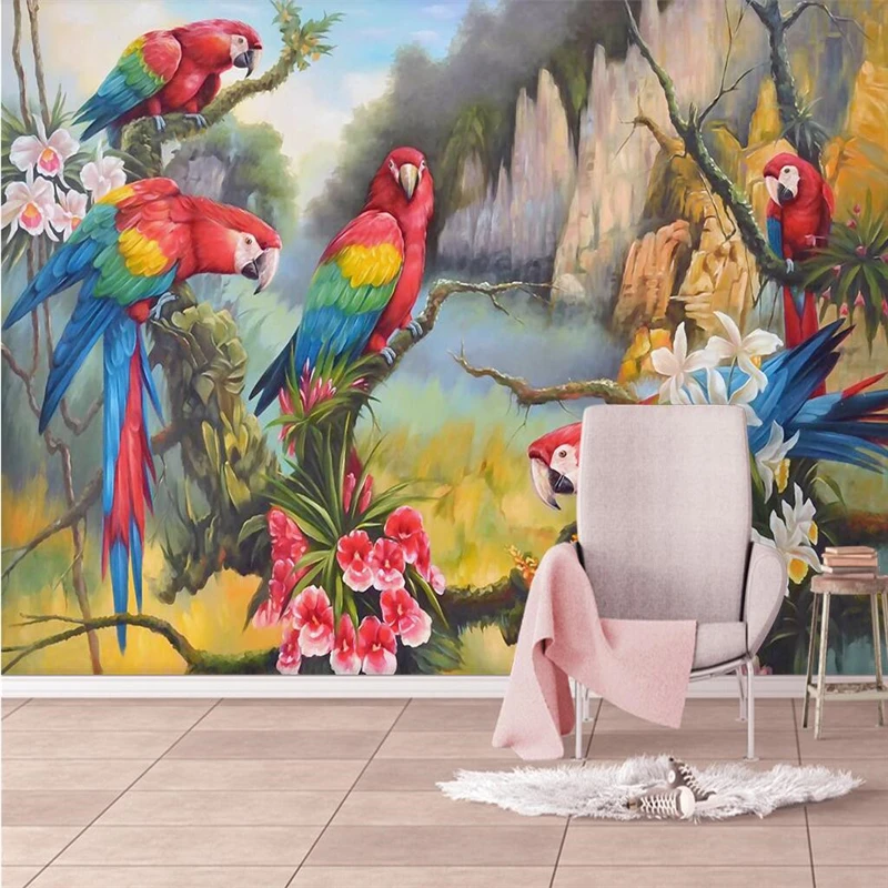 

beibehang Medieval Hand Painted Tropical Forest Color Parrot Wall Custom Large Mural Green Wallpaper papel de parede