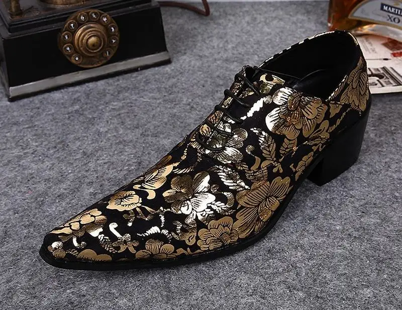 New High-end Gold printing Flowers Men Shoes Luxury Fashion Pointed Toe Men Lace-up High Heels Genuine Leather Party Dress Shoes