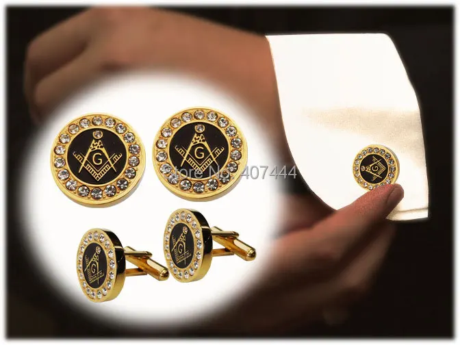 

2PCS Free Shipping USA UK Canada Russia Brazil Hot Sales Golden Two-Tone Stainless Steel Masonic Men's CuffLinks Cubic Zirconia