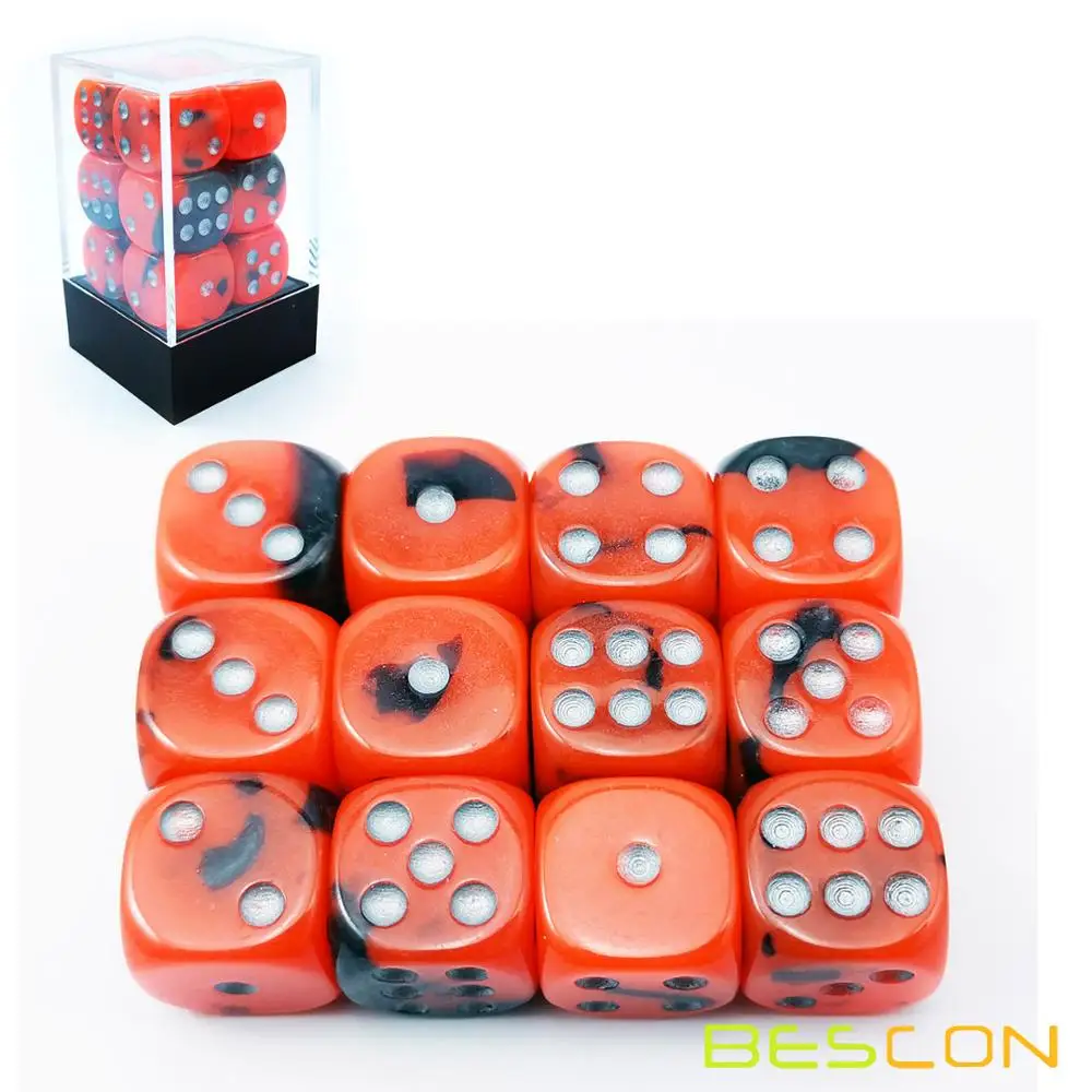 Bescon Two Tone Glowing Dice D6 16mm 12pcs Set HOT ROCKS, 16mm Six Sided Die (12) Block of Glowing Dice