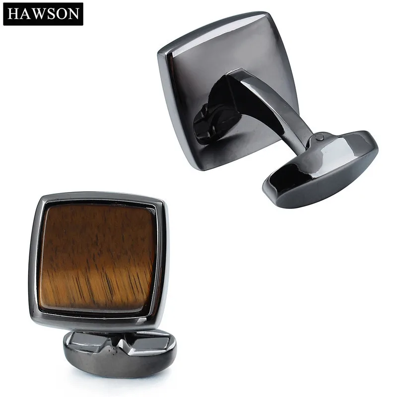 HAWSON Luxury Tiger\'s Eye Stone Cufflinks for Men Fashion Square Pattern Gun Plated Jewelry Cuff Button with Box