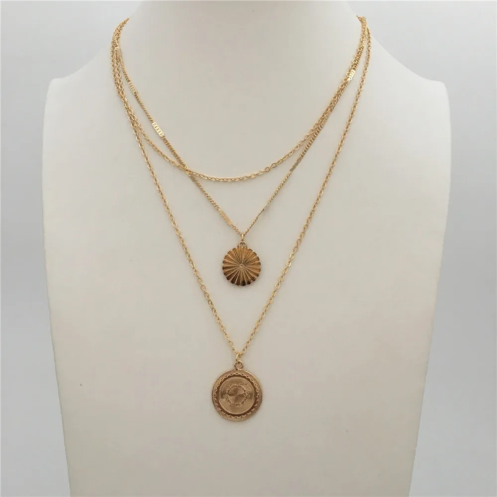 Casual Women Necklace Coin and Antique effect Round Disc Pendant Layered Necklace For Women collares de moda 2019