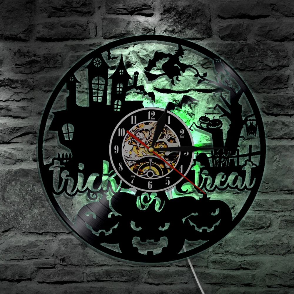 Trick Or Treat Halloween Vinyl Wall Clock Led Light Wall Lighting Vintage LP Wall Art Decorative Lamp Gift For Kids