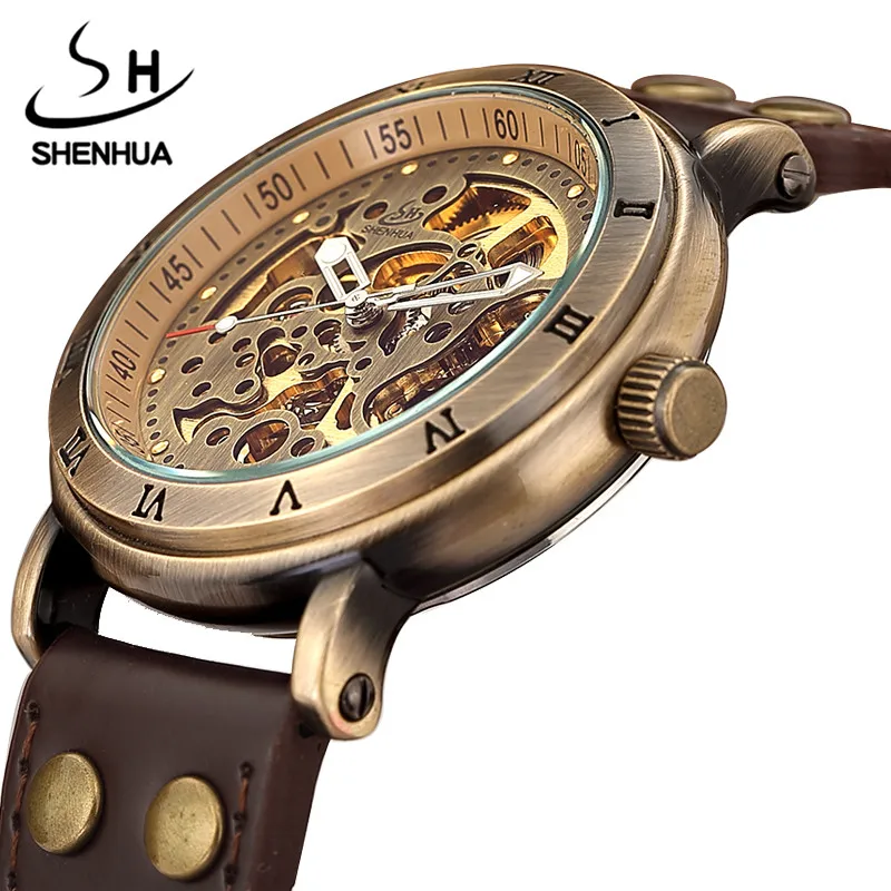 Retro Hollow Skeleton Automatic Mechanical Watches Men\'s Steampunk Bronze Leather Brand Unique Self-wind Mechanical Wristwatches