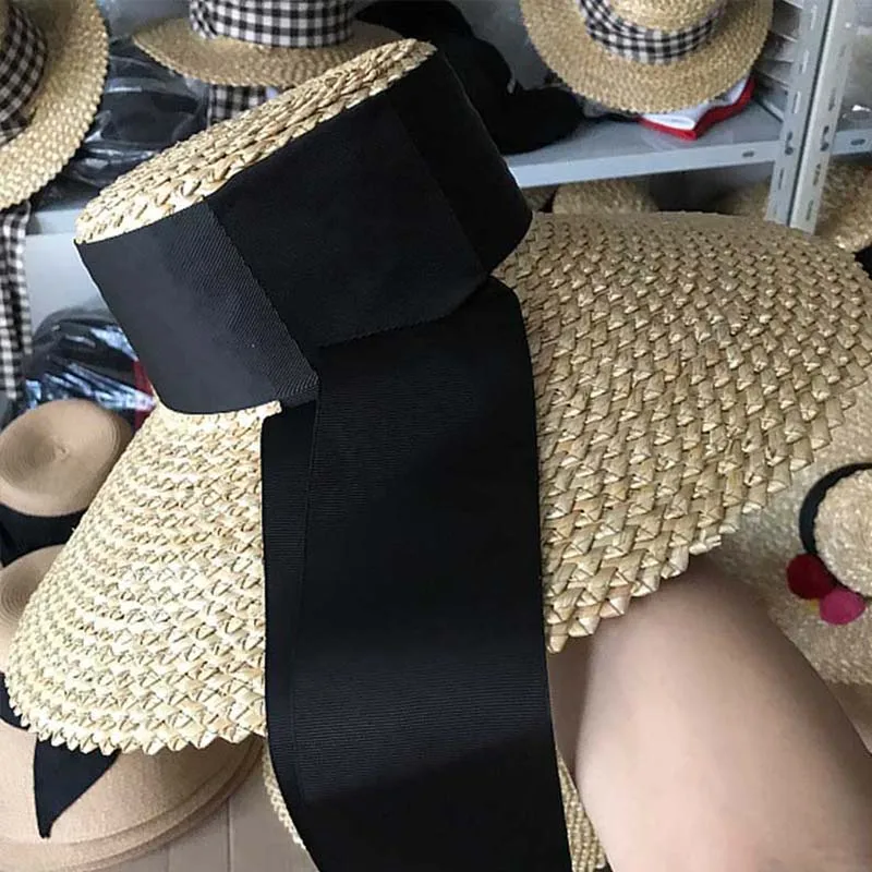 Women Classical Wheat Straw Hat Summer Cap Large Wide Brim Sun Hat Elegant Floppy Ribbon Beach Hat Vocation Derby Hat