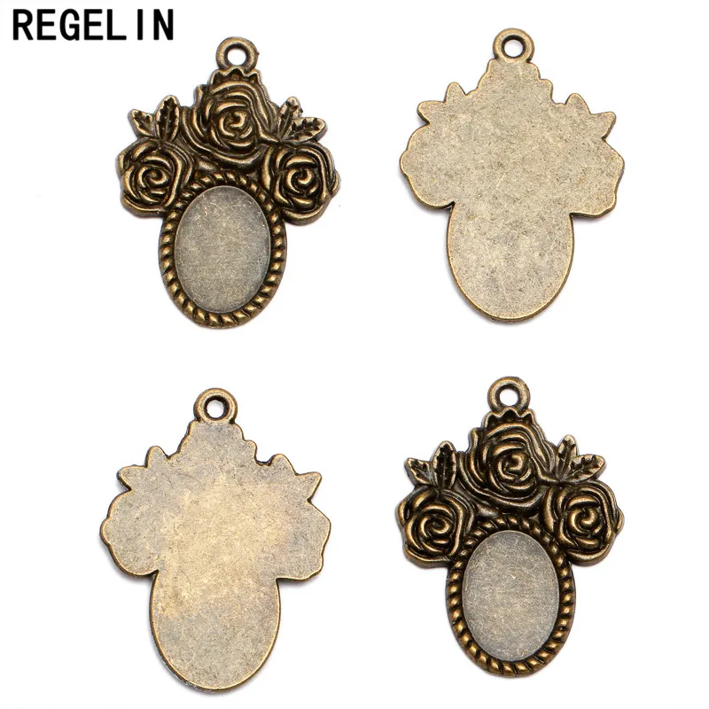 REGELIN wholesale oval rose Antique Bronze Pendant Trays 14*10 mm 20pcs/lot Bezel Pendant Settings for Glass or Stickers