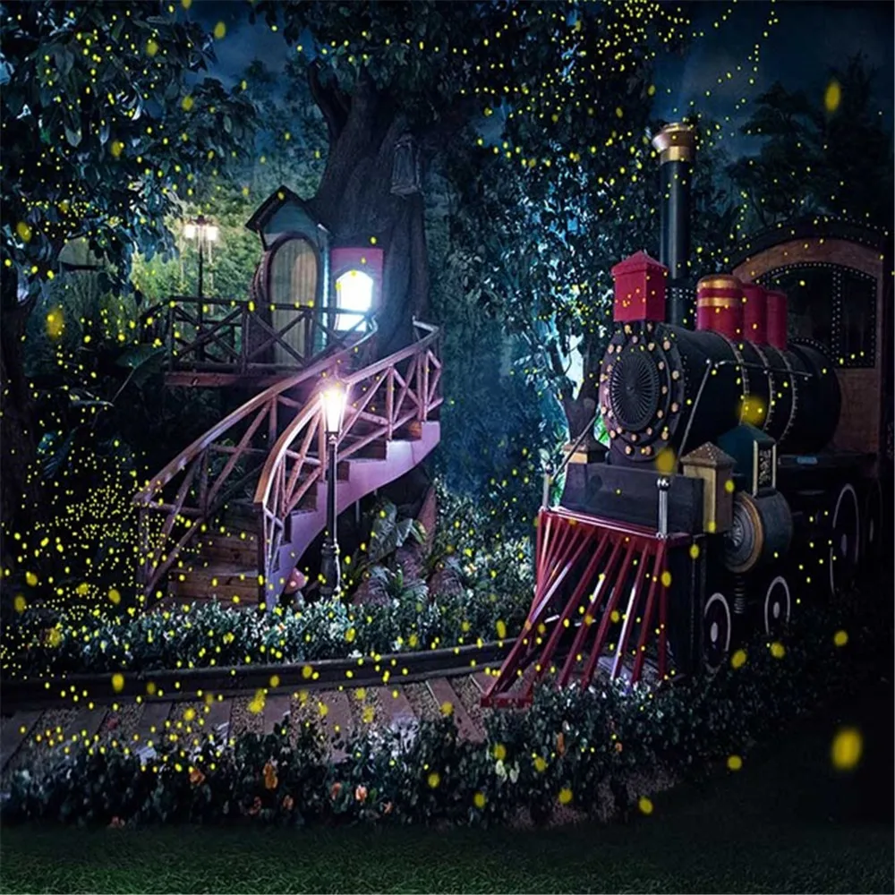 

Fairy Tale Tree House Train Backdrop for Wedding Photography Printed Fireflies Railway Staircase Night Scenic Photo Backgrounds