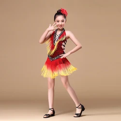 8-15 Years Performance Children Dance Outfit V-neck with Beads Backless Tassel Fringe Competition Latin Dance Dress for Girls