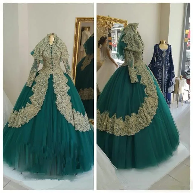 2020 muçulmano caçador vestido de baile vestidos de casamento com apliques de renda dourada mangas compridas com hijab plus size vestidos de casamento nupcial