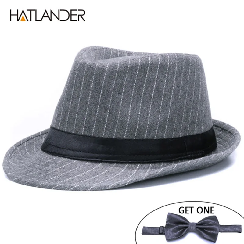 

HATLANDER Brand Fashion stripe Fedoras hats men artificial woolen trilby hat women ladies top Jazz hat Gentleman Panama caps