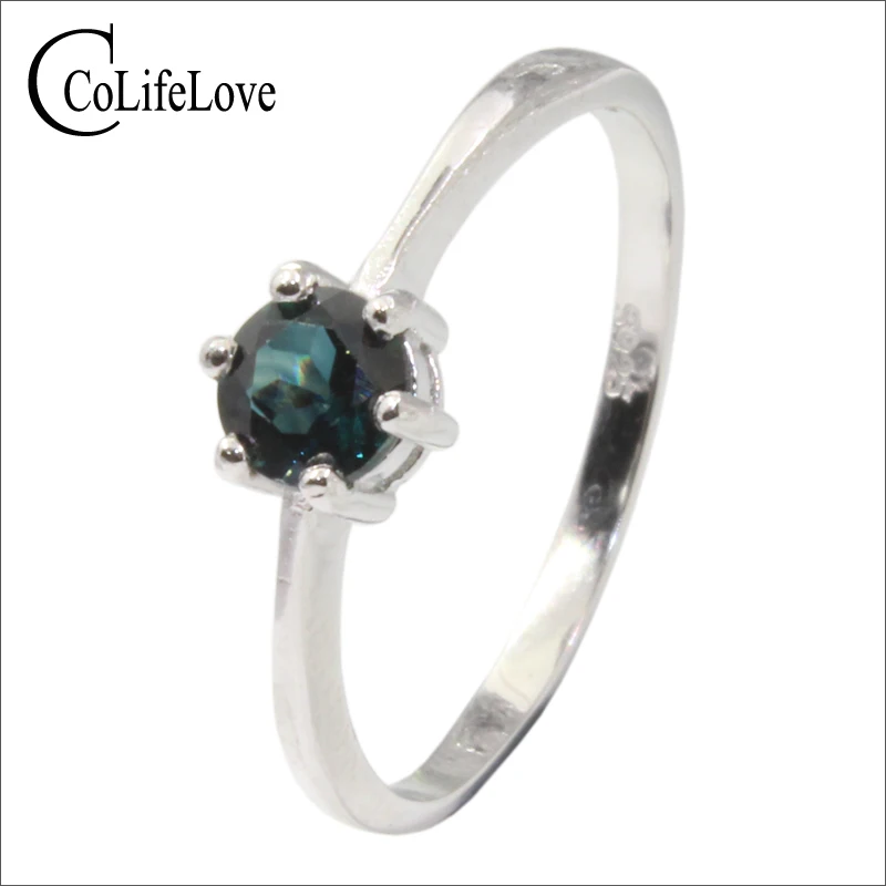 100% natural bluish green sapphire silver ring for engagement  5 mm VS grade sapphrie ring solid 925 silver sapphire jewelry