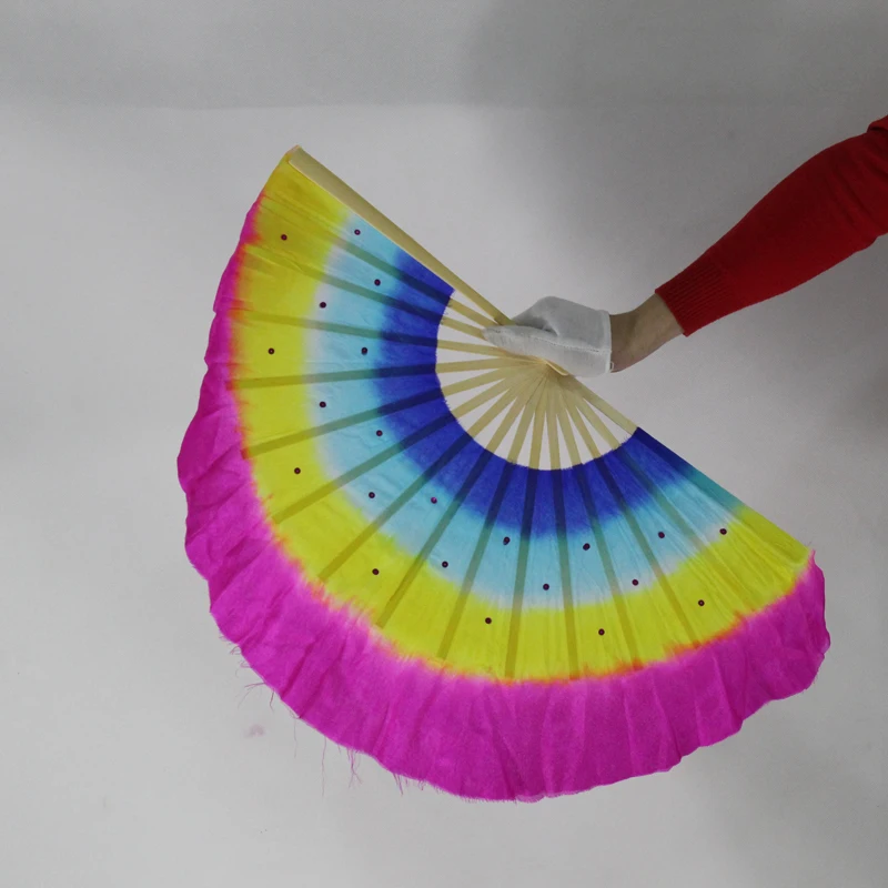 New 4 colors mixed Chinese Real Silk Bamboo Ribs Fan Veils colorful Belly Dancing silk short Fans Stage Performance Props Fans