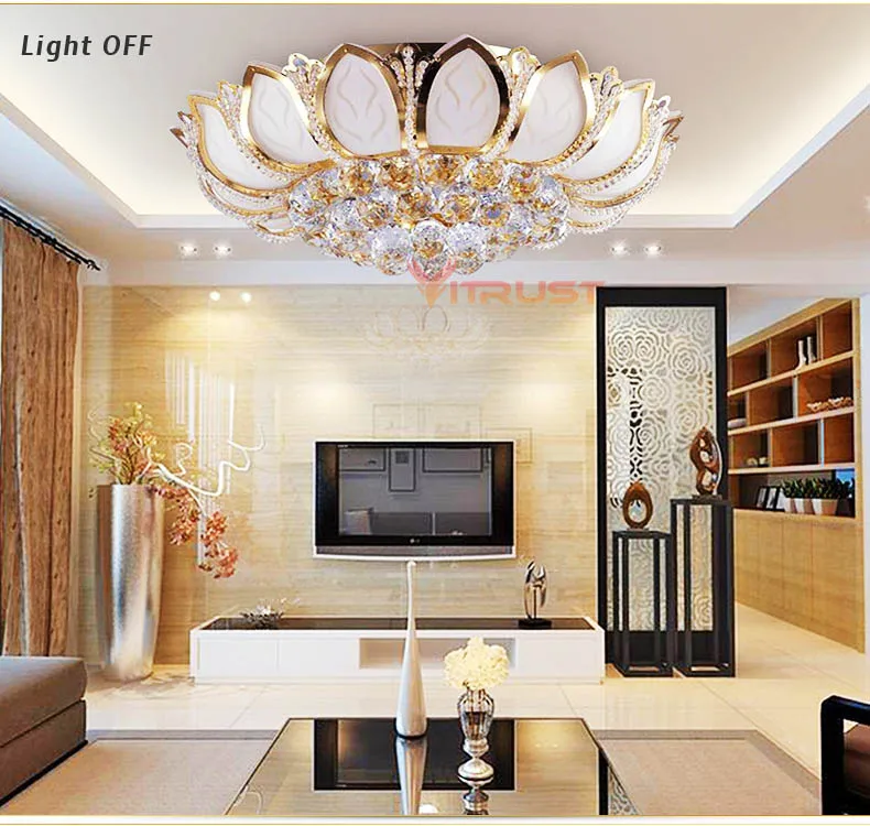 European Luxury Golden LED crystal Ceiling Light E14 Bulbs Golden Lighting Crystal Circular Living Room Ceiling Lamp