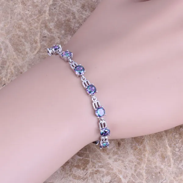 Enjoyable Rainbow Cubic Zirconia Silver Plated Link Chain Bracelet 6 - 7.5 inch S0380