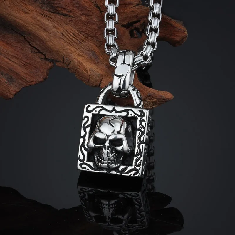 Flame grain titanium steel men square skull pendant unique alternative