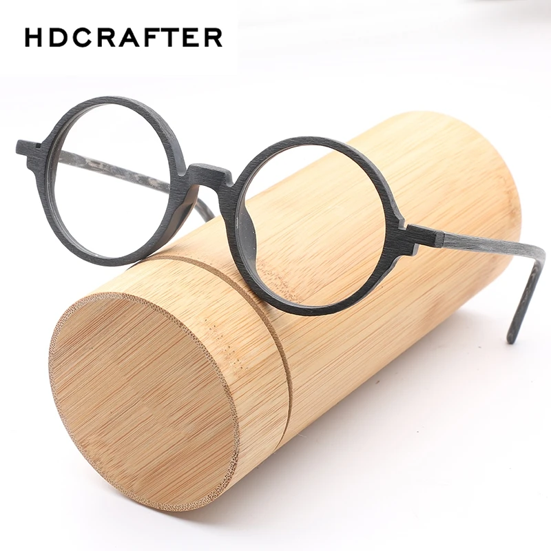 HDCRAFTER Mens Eyeglasses Frames Wooden Retro Round Glasses Frame for Women Wood Eyewear Optical Plain Glasses With Clear Lens