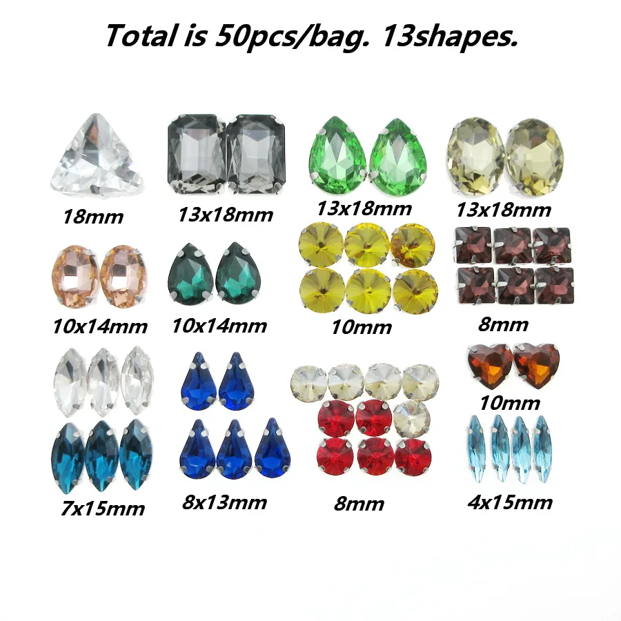 Mix shape 50pcs/pack silver claw setting glitter crystal sew on rhinestone wedding dress clothes shoes bags diy colorful trim