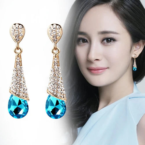 Korean Fashion Luxury Rhinestone Crystal Water Drop Long Earrings Jewelry Bride Wedding Earrings Non Pierced Ear Clip Ear Cuff