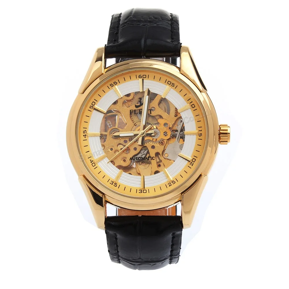 

Men Hollow Engraving Automatic Self Winding Watch Fashion Leather Strap Analog Skeleton Watches