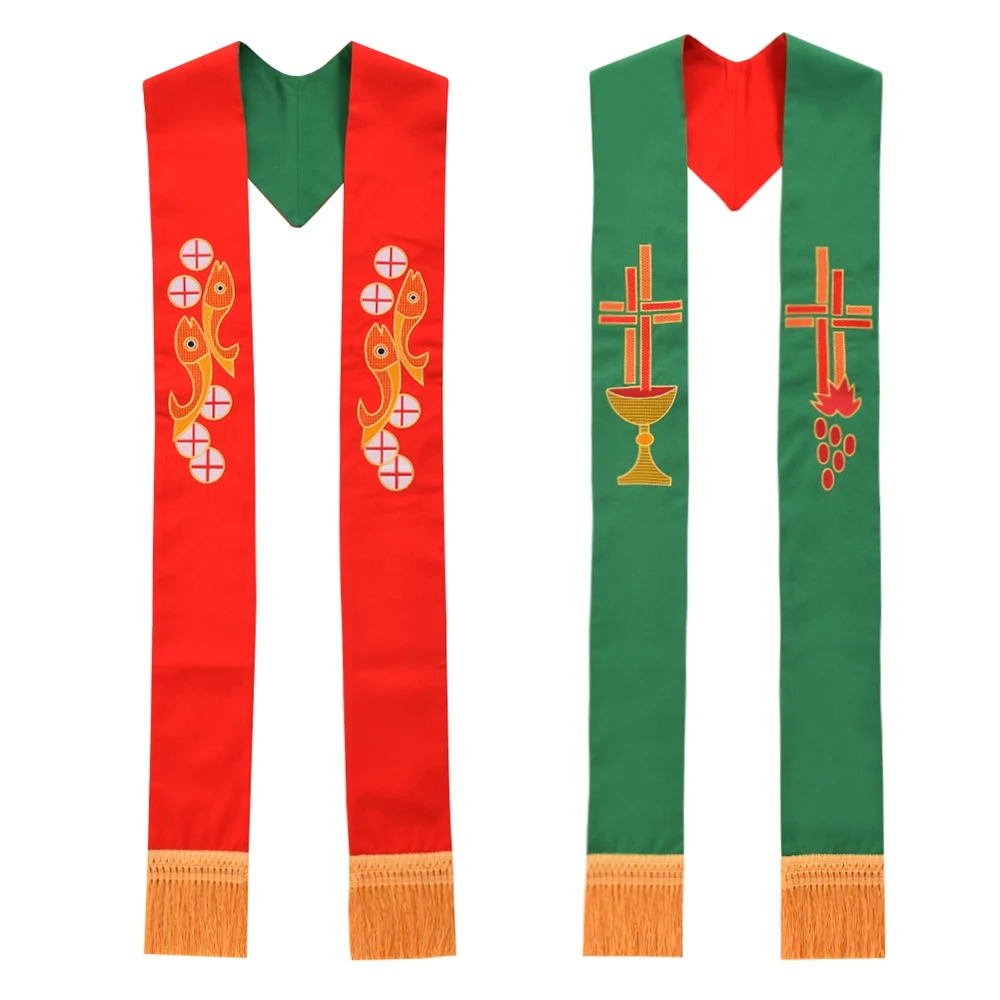 

Pastor Reversible Stole Priest Embroidery Red and Green Double-side