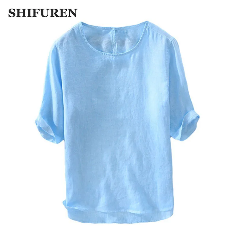 

SHIFUREN Thin Breathable Summer Pure Linen T shirts Men Short Sleeve Round Collar Male Causal Basic Tops Tees Solid Color