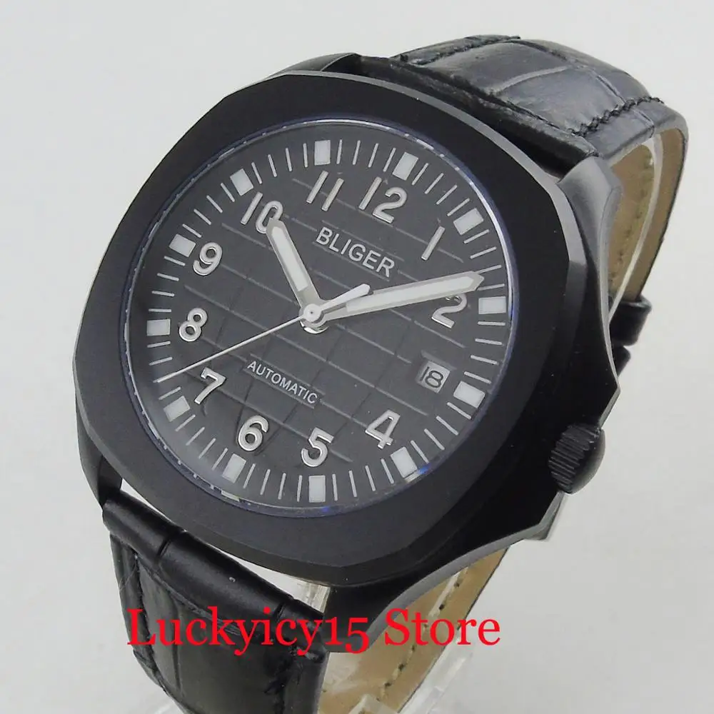 

Popular Whole Black PVD Coated 39mm Watch Case Automatic Men's Watch Leather Strap Date Indicator