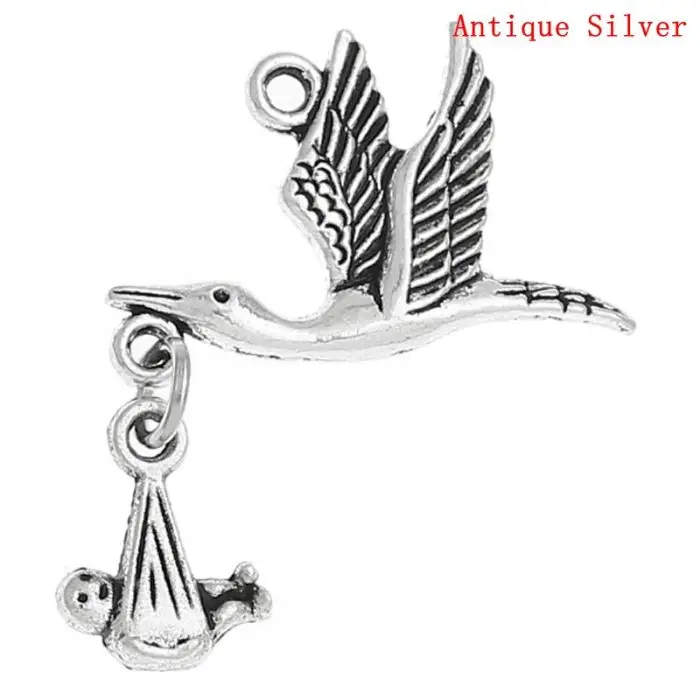 DoreenBeads 20PCs Silver Color Flying Stork W/Dangling Baby in Bundle Charm Pendants 29mm x24mm(1 1/8\