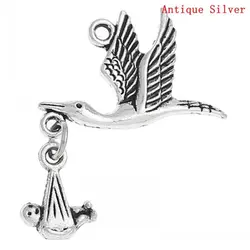 DoreenBeads 20PCs Silver Color Flying Stork W/Dangling Baby in Bundle Charm Pendants 29mm x24mm(1 1/8