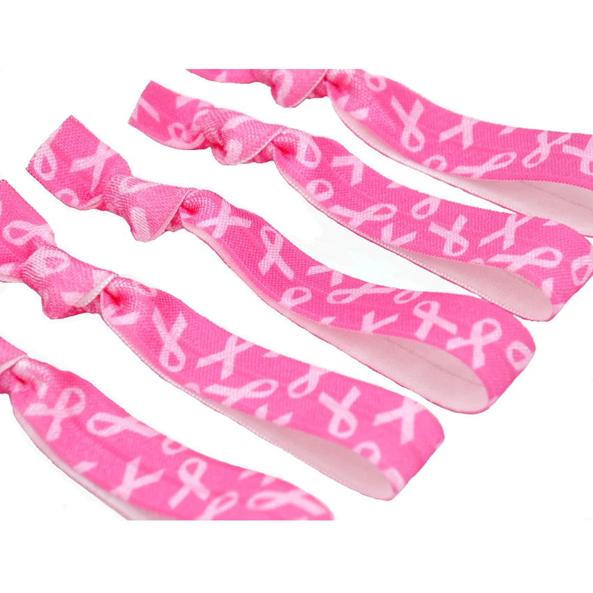 

100pcs Breast Cancer Awareness Printed Knotted Elastic Hair Band Wholesale Pink Ribbon Bracelet Girls Ponytail Holder