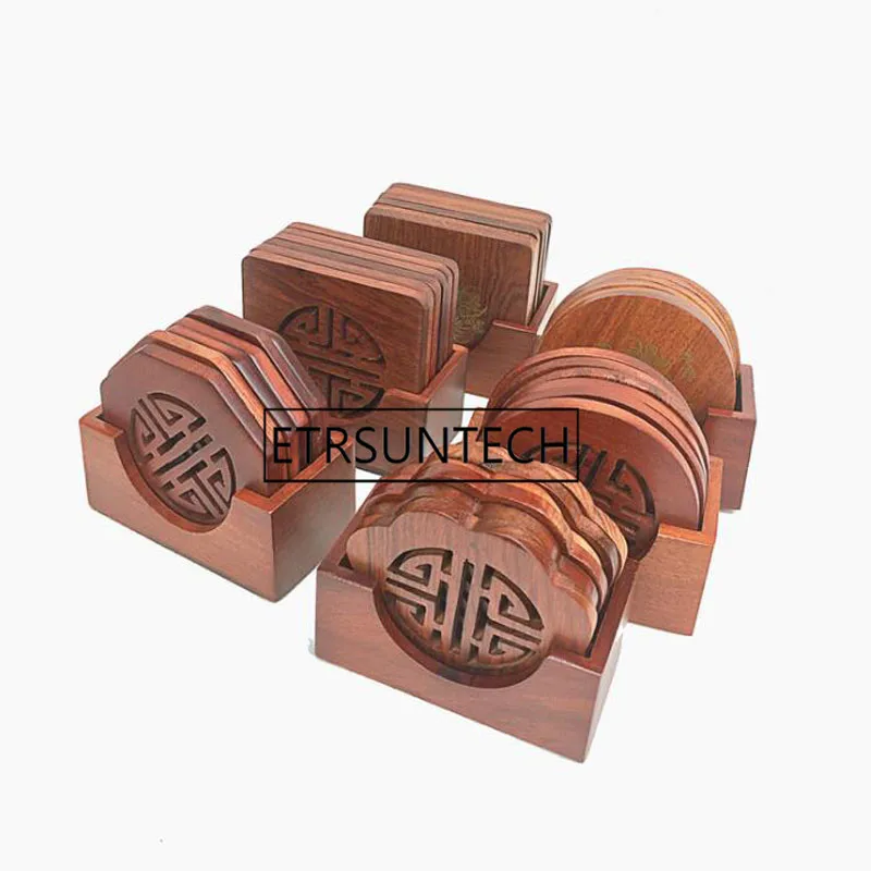 10sets 6pcs/set Wood Coaster Classic Style Hollow Design Rosewood Cup Mat Hand-carved Party Festival Gifts