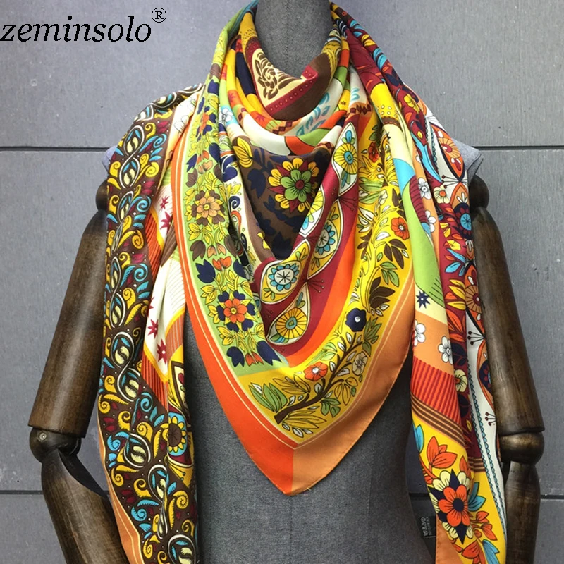 130*130cm Bandana 100% Silk Scarf Women Floral Painting Square Satin Scarves Fashion Brand Ladies Neckerchief Shawls Hijabs