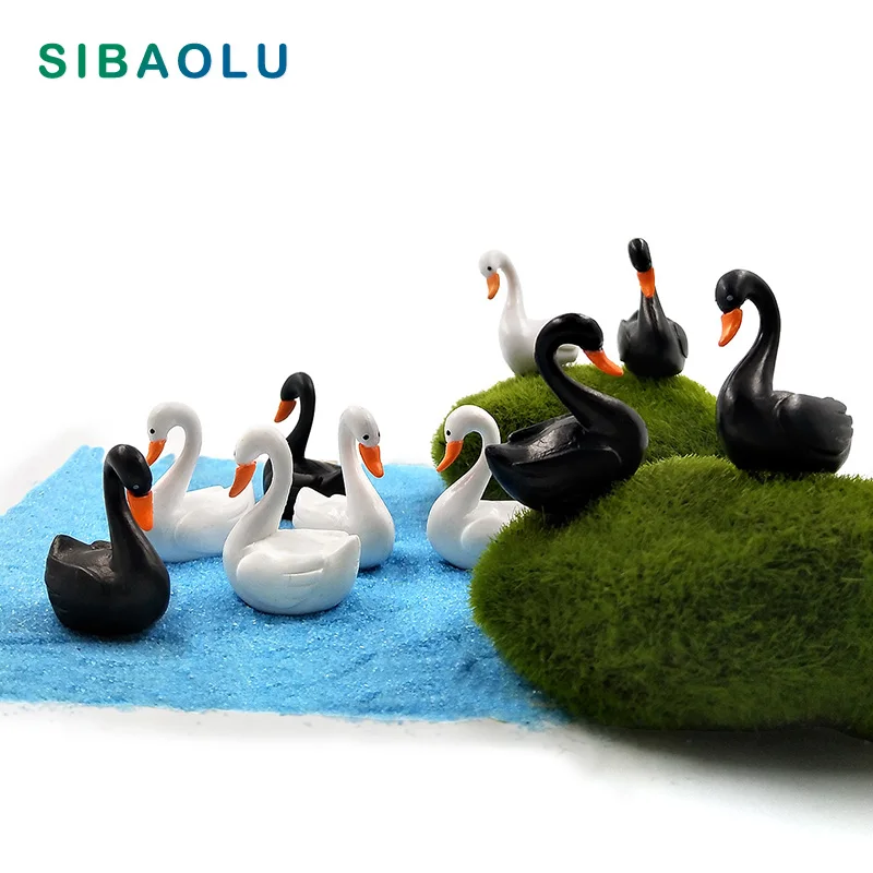 10pcs Black White Swan Figurine Cartoon Ducks Animal Statue Ornaments Home Decor Miniature Fairy Garden Decoration Accessories