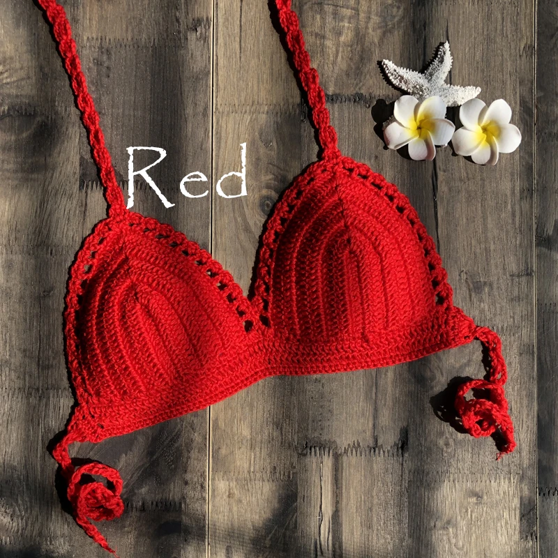 Solid Bikinis Mujer Swimsuit Crochet Red Bikini Top Knit Sexy Bikinis Women\'s Swimming Bra Large Female Swimwear S - XL 2019 New