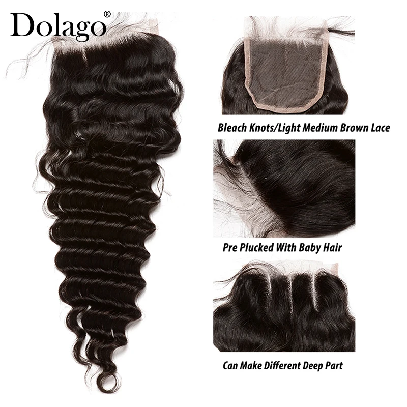 Extensiones de cabello humano virgen brasileño, mechones de ondas profundas con cierre, 3 y 4, productos Dolago