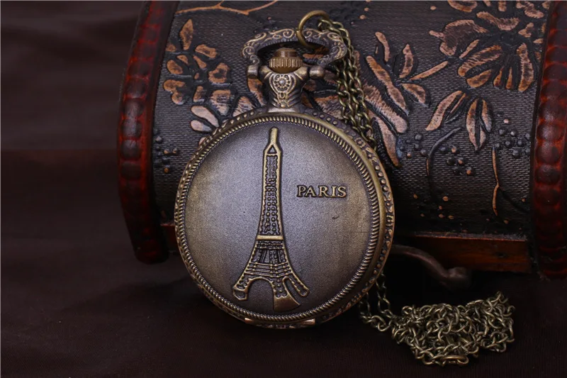 

"PARIS" Eiffel Tower Embossed Chain Quartz Pedant Montre Bronze Men Women Retro Pocket Watch Quality Gift Casual Fob Watch