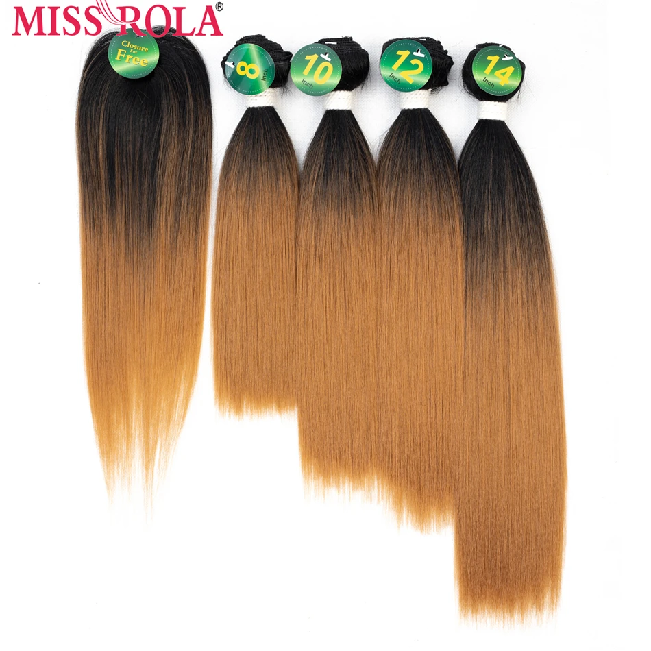 Miss Rola Synthetic Straight Hair Weft Ombre Colored Hair Weaving Bundles 8-14inch 5pcs/Pack 200g T1B/27 With Free Closure