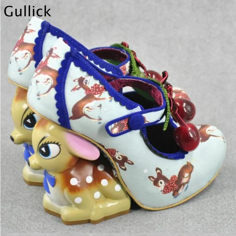 Gullick 2018 Newest Fashion Mary Janes Women Cute Print Deer Heel Pumps Woman Cherry Decoration Classics Party Dress Shoes