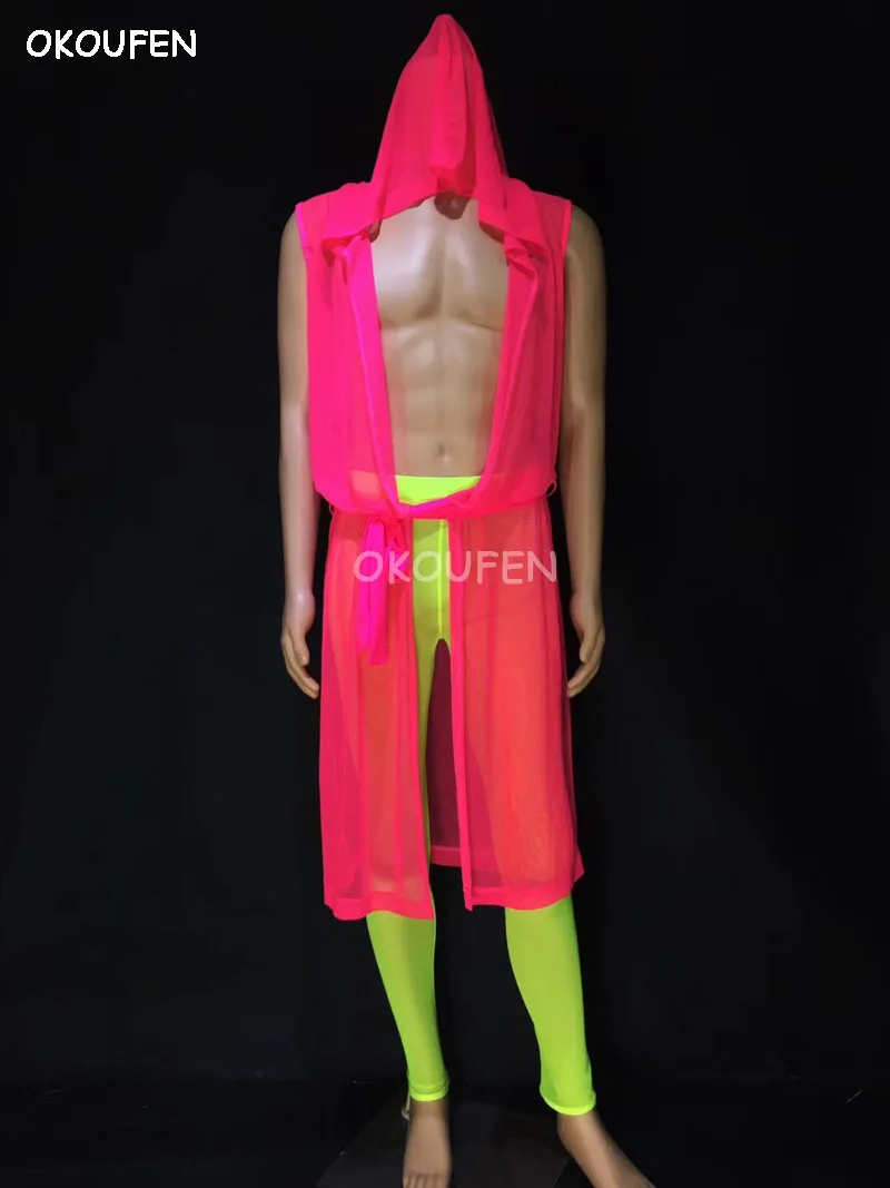 Nightclub Bar Ds Male Singer Sexy Muscle Vest Set Fashion Fluorescent Long Openwork Tights Jacket Stage Show Dance Costumes