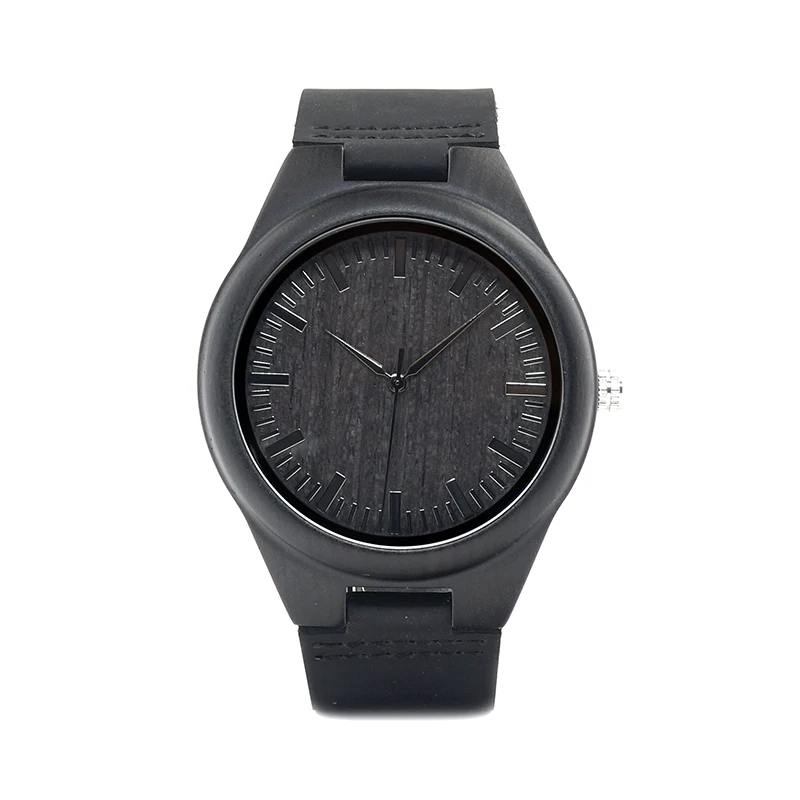 BOBO BIRD Black Wood Watch for Men Quartz Movement Black Genuine Leather Strap Wristwatch Logo Customize B-D26