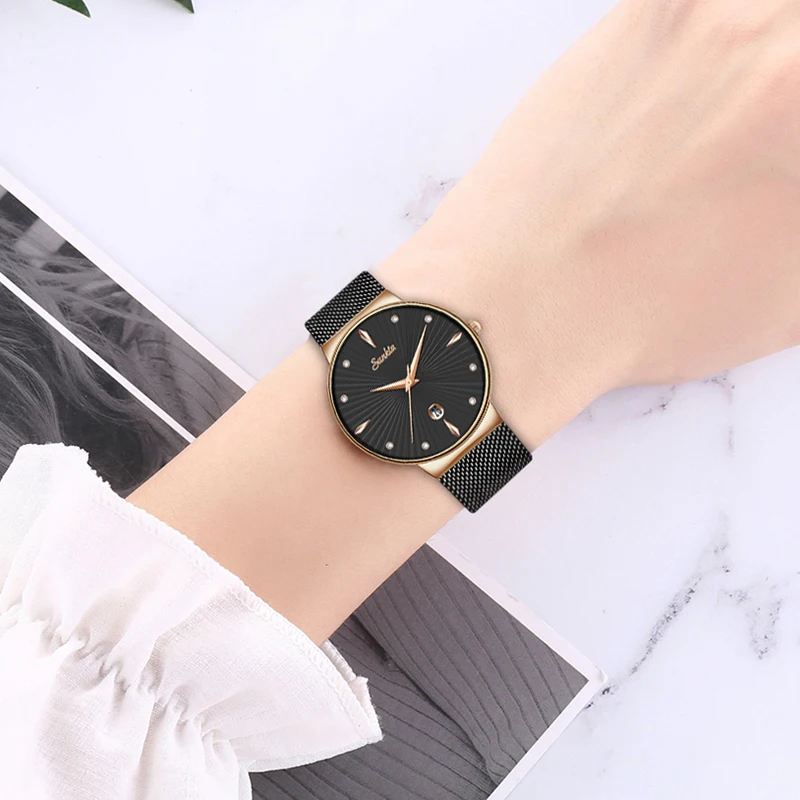 SUNKTA Women Watches Top Brand Luxury Ladies Mesh Belt Ultrathin Watch Stainless Steel Waterproof Clock Quartz Watch Reloj Mujer